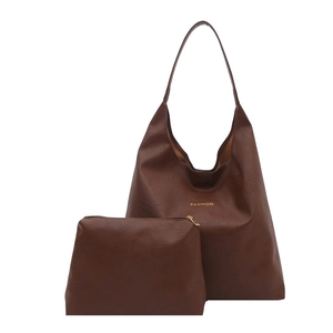 Vintage dark brown large capacity tote bag set with FASHION lettering and pouch