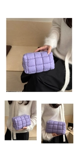 Three-way view of quilted puffy lilac makeup bag showing portable size and zipper detail