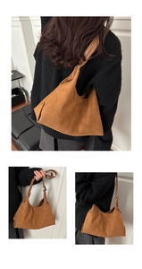 Multiple views showing a dark brown suede tote bag in hand, shoulder, and back carry styles