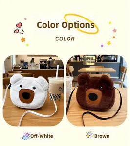 Detail view of cute plush bear-shaped crossbody bags in cream white and brown colors