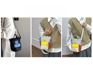 Vertical view of color-block canvas crossbody bags with pixel art flap and side pockets