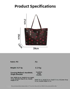 Size chart showing PU tote bag dimensions 39x26x13cm with lip print pattern detail