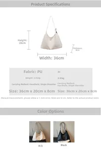 Detailed size specifications and color options for this large PU tote bag