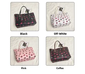 Collage of chic tote bags with lip prints in black, beige, pink, and brown colors