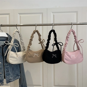 Sac à Épaule en Velours Côtelé Vintage pour Femme Broderie Nœud Papillon Poignée Froncée Sac Hobo Sous le Bras Main Décontracté