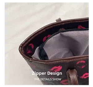 Detail view of the secure zipper closure and purple lining of this dark brown tote bag