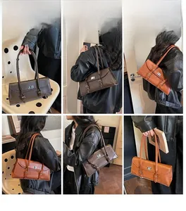 Collage of vintage PU leather shoulder bags in dark brown and caramel worn by a model