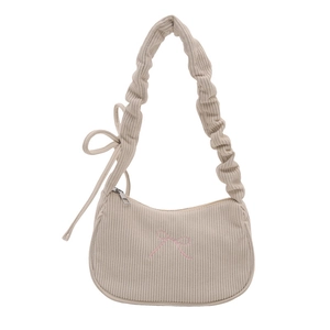 Sac à épaule en velours côtelé beige avec broderie nœud rose et bandoulière froissée
