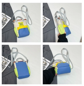 Multi-angle views of a colorful Oxford cloth mini crossbody bag with block letter M