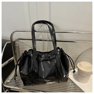 Suede Bowknot Patchwork Tote Bag For Women Urban Minimalist Drawstring Shoulder Bag Large Capacity Solid Color Commuter Handbag