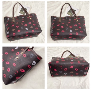 Detailed views of a dark brown tote bag with colorful lip prints and lychee texture