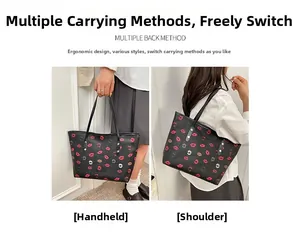Detail showing multiple back methods for the printed tote bag with lipstick patterns