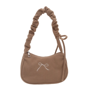 Brown corduroy shoulder bag with embroidered bow and pleated drawstring strap