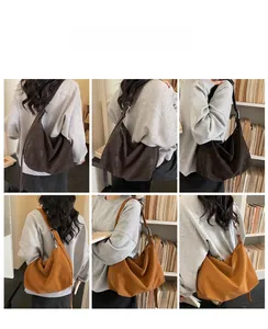 Multiple views of retro large capacity crossbody bags in dark brown and ginger yellow colors