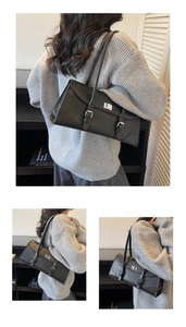 Detailed multi-angle view of a vintage black leather baguette bag with dual decorative straps