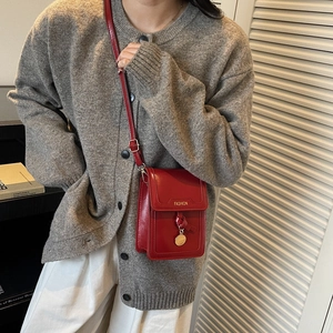 Mini red leather crossbody phone bag with gold metal pendant and fashion lettering