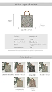 Detailed view of tote bag with vintage bamboo handles and colorful floral patterns