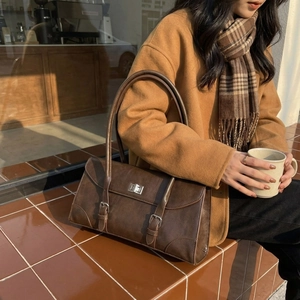 Vintage dark brown faux leather shoulder bag with metallic buckle and flap for women