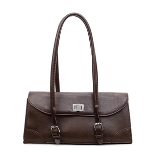 Retro dark brown baguette shoulder bag for women with silver metal twist lock closure