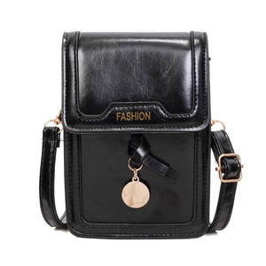 Mini black glossy crossbody bag for women with gold fashion lettering and thin strap