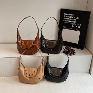 Vintage Glossy Synthetic Leather Half Moon Hobo Bag For Women Retro Rivet Decor Shoulder Bag Versatile Commuting Crossbody Purse