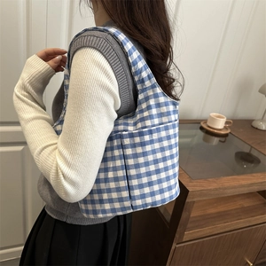 Blue and white plaid tote bag with side pocket shown on shoulder in home setting