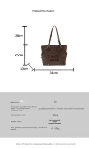 Size chart showing dimensions for a vintage brown PU leather tote bag with logo