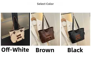 Close-up of textured PU leather tote bags in beige, brown, and black with logo patch