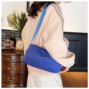 Detail view of blue checkered nylon shoulder bag with adjustable strap and metal logo plate