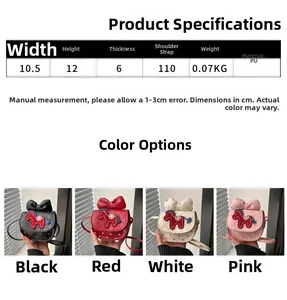 Size chart showing mini PU crossbody bag dimensions with pony and bow decorations