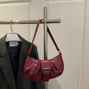 Retro dark red pleated underarm shoulder bag with silver vintage metal buckle