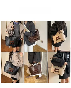 Collage of model showing minimalist tote bag in black, dark brown, and off-white colors