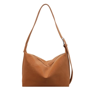 Classic brown wide strap hobo bag in matte leather finish for women on white background