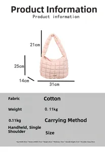 Detailed size chart showing dimensions and specifications for the cotton shoulder bag