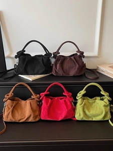 Women Suede Pleated Cloud Shoulder Bag Knotted Handle Crossbody Bag Fashion Frosted Tote Purse Elegant Daily Handbag