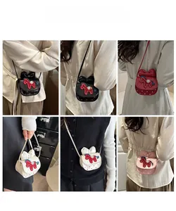 Detailed views of red girls' mini crossbody bag with a large bow and pony embroidery