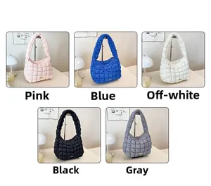Collage of quilted puffy shoulder bags in five colors shown in minimalist home setting