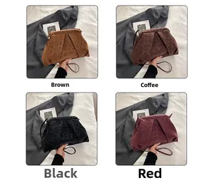 Detail of leopard print suede clutch with pleated texture in four stylish colors