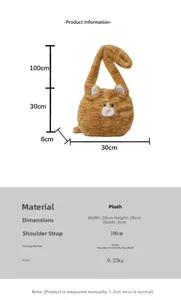 Size chart for plush orange striped cat tote bag with 30x30x6cm dimensions and strap info
