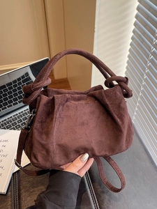 Dark brown pleated cloud bag with knotted handle and suede texture for women