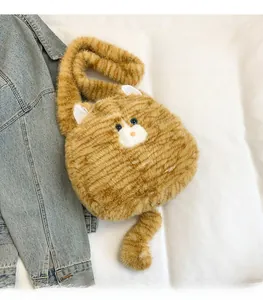 Detailed view of the soft plush orange tabby cat-shaped tote bag with a fluffy tail