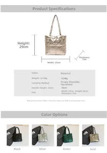 Quilted tote bag detail with dimensions 29x29x7cm showing colors and metallic materials