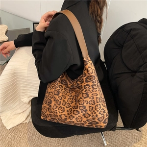 Vintage leopard print tote bag with large capacity and brown leather handles for women
