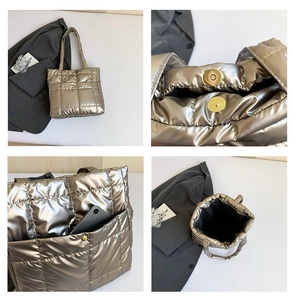 Detailed views of the quilted tote bag showing the magnetic closure and spacious inner compartment