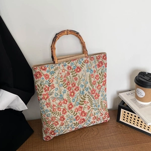 Women Vintage Floral Print Tote Bag Natural Bamboo Handle Large Capacity Fabric Shoulder Handbag Casual Daily Shopping Purse