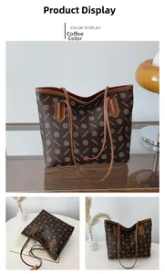 Detailed views of the large vintage coffee tote bag with floral print and long handles
