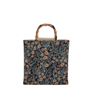 Floral jacquard tote bag with natural bamboo handles and vintage print design