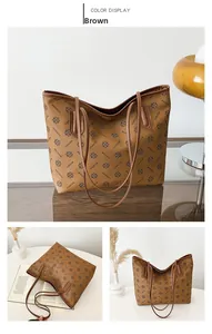 Three-view layout of brown vintage tote bag with large capacity and floral patterns