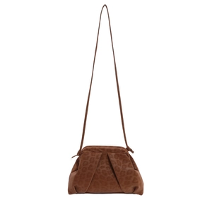 Brown leopard print pleated hobo bag with thin shoulder strap on white background