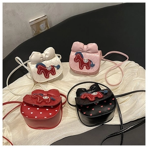 Cute Girls Mini Crossbody Bag Synthetic Leather Embroidered Horse Bowknot Diamond Lattice Quilted Heart Shoulder Bag